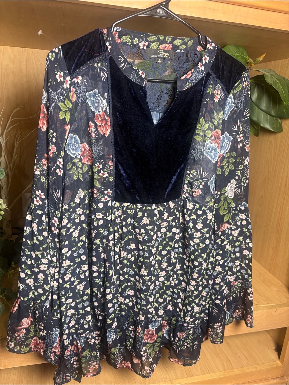 Suzanne Betro Navy Floral Lace Yoke Tunic boHo style